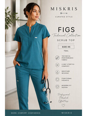 FIGS Technical Collection Scrub Top XS Teal Slim Mandarin Collar NWOT